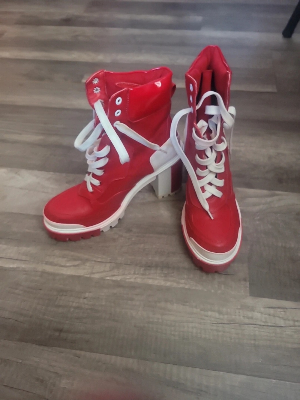 AKIRA Red Lace-Up Platform Combat Boots with White Accents